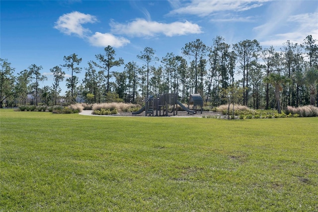 view of community featuring playground community and a yard