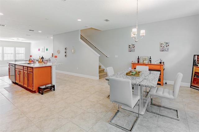 dining area with recessed lighting, visible vents, stairway, and baseboards