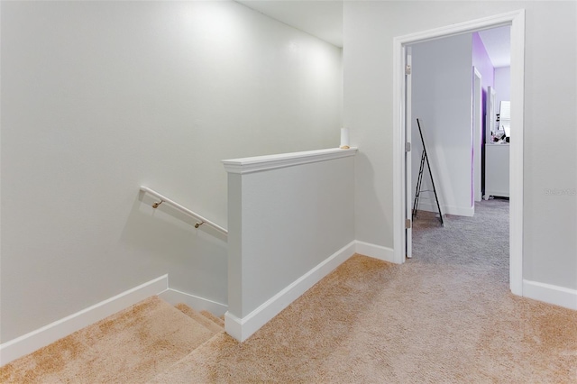 staircase with carpet floors and baseboards