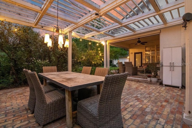 view of patio / terrace with a pergola, outdoor dining area, and ceiling fan