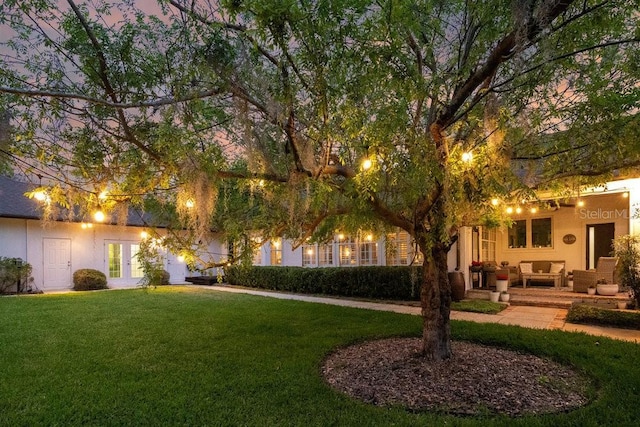 view of yard featuring outdoor lounge area and french doors