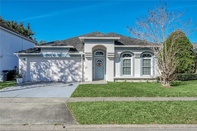 single story home with a front lawn, concrete driveway, a garage, and stucco siding