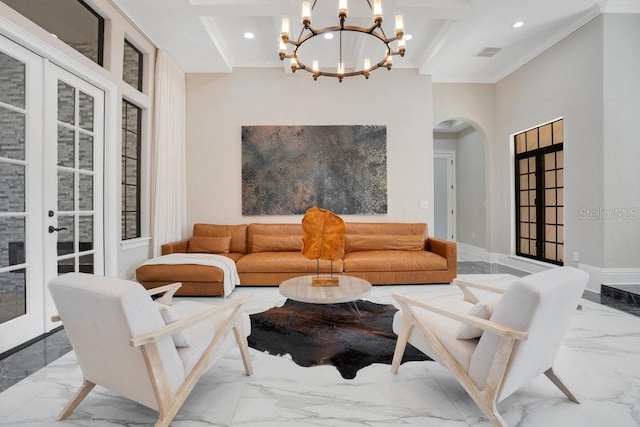 living area with baseboards, recessed lighting, arched walkways, french doors, and marble finish floor