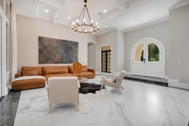 living room featuring arched walkways, marble finish floor, french doors, and baseboards