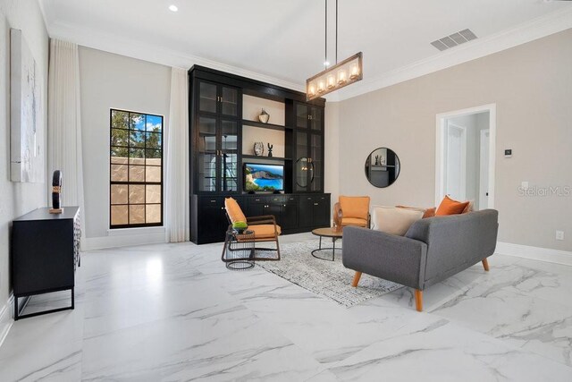 living area featuring visible vents, baseboards, marble finish floor, and ornamental molding