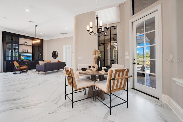 dining area with baseboards, visible vents, recessed lighting, marble finish floor, and a chandelier