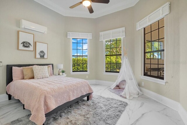 bedroom with baseboards, an AC wall unit, ornamental molding, marble finish floor, and a ceiling fan