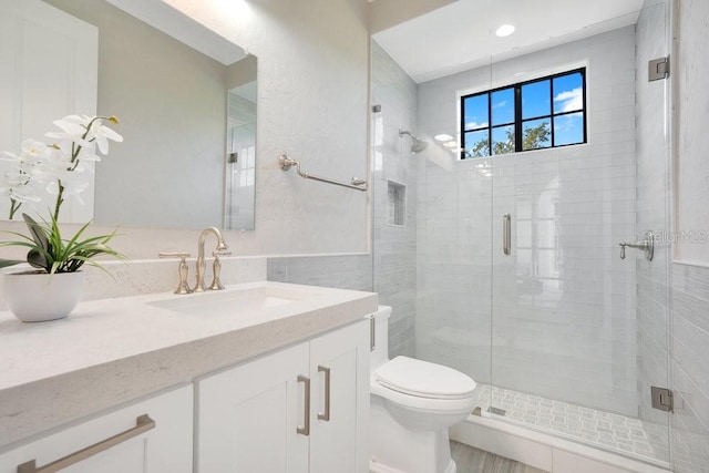 bathroom featuring a stall shower, toilet, and vanity