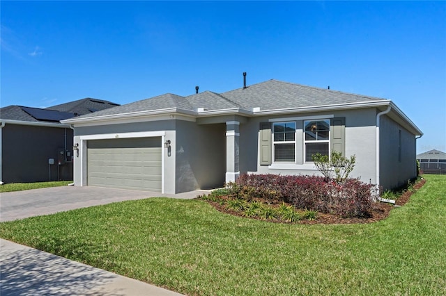 single story home featuring a front yard, roof with shingles, stucco siding, a garage, and driveway