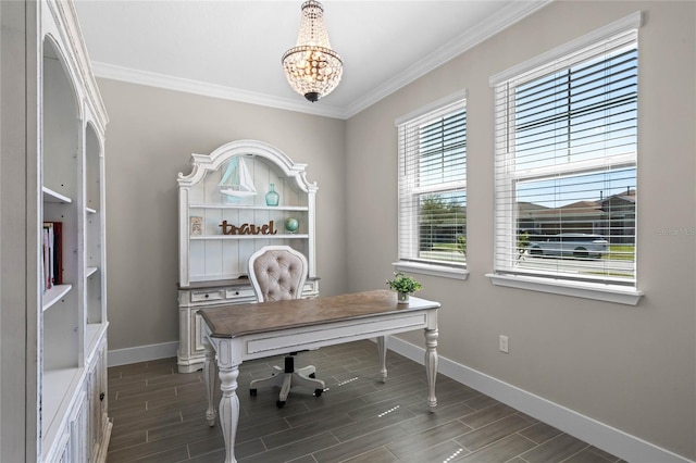 office area with an inviting chandelier, crown molding, baseboards, and wood tiled floor