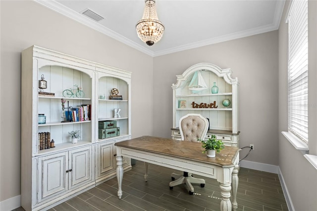 office with visible vents, a notable chandelier, wood tiled floor, and crown molding