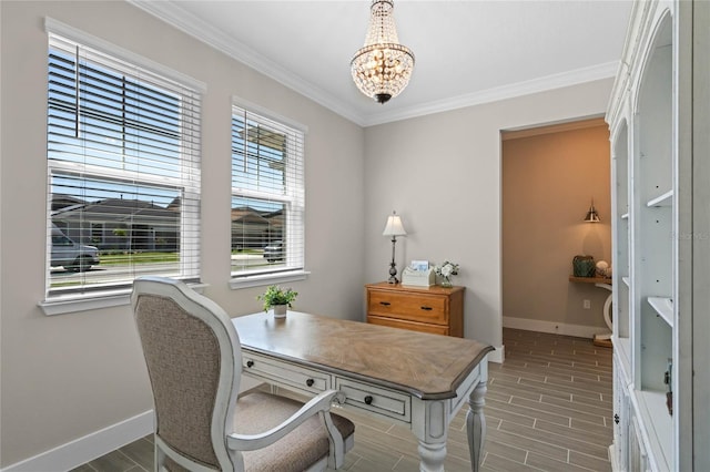 office area featuring wood finish floors, baseboards, and ornamental molding