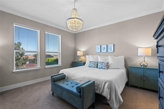 bedroom with a notable chandelier, baseboards, carpet, and ornamental molding