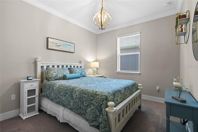 carpeted bedroom with baseboards, a chandelier, and ornamental molding