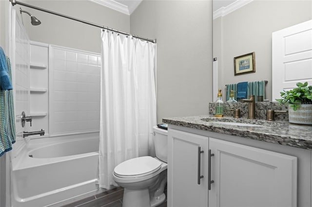 bathroom with shower / bath combo with shower curtain, toilet, ornamental molding, wood finished floors, and vanity