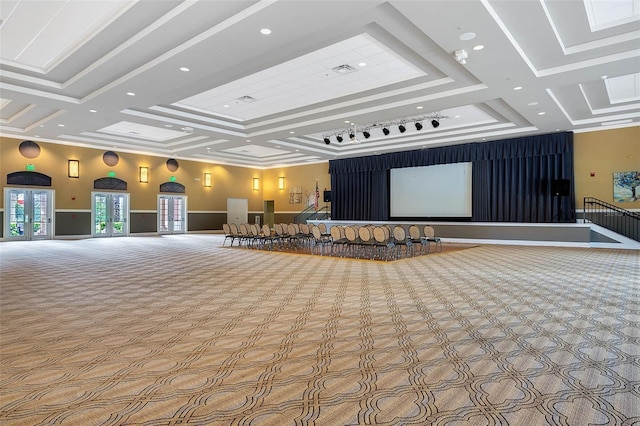 misc room with coffered ceiling, french doors, carpet, and ornamental molding