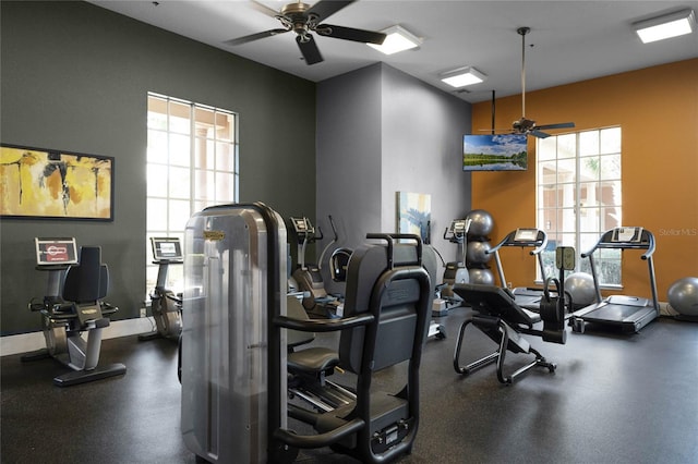 exercise room with baseboards and a ceiling fan