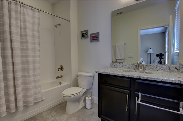 bathroom with shower / bath combo, visible vents, vanity, and toilet