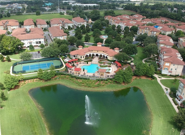 aerial view with a water view and a residential view