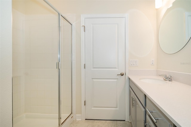 bathroom with a shower stall, tile patterned flooring, and vanity