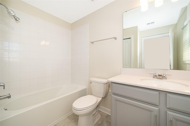 full bath featuring shower / bathtub combination, visible vents, vanity, and toilet