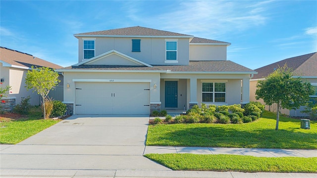 view of front of home with stone siding, stucco siding, driveway, and a front yard