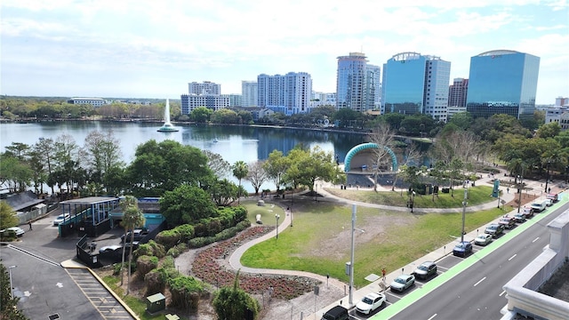 bird's eye view featuring a city view and a water view