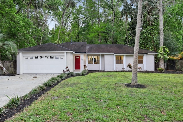 ranch-style house featuring stucco siding, a front yard, fence, a garage, and driveway