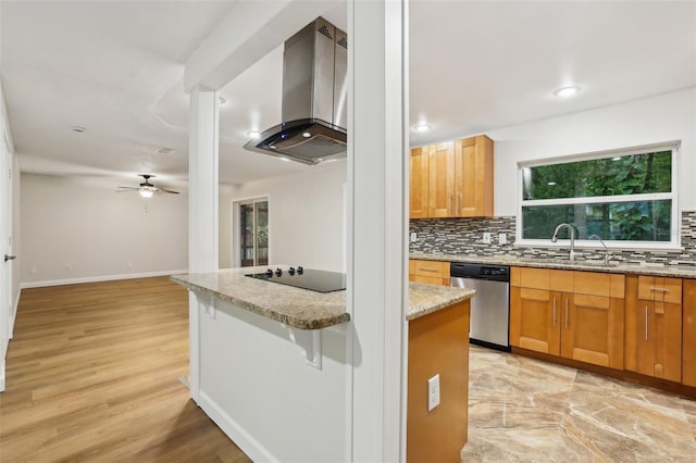 kitchen featuring black electric stovetop, light stone countertops, range hood, decorative backsplash, and dishwasher