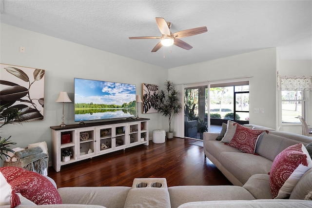 living room featuring a textured ceiling, ceiling fan, and wood finished floors