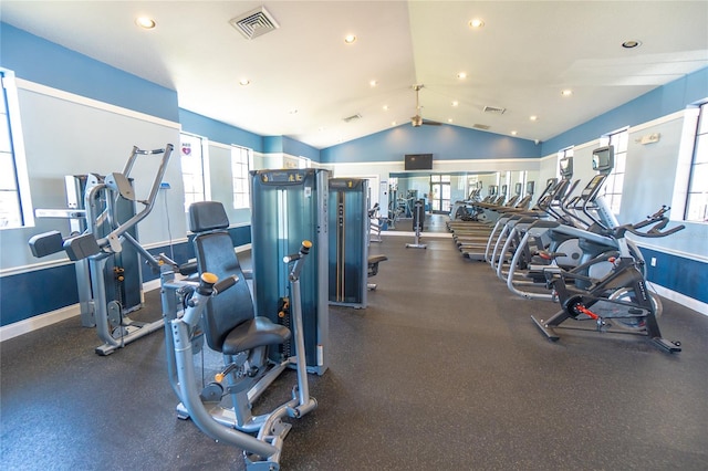 workout area with lofted ceiling, baseboards, and recessed lighting
