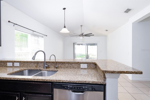 kitchen with a sink, a healthy amount of sunlight, dark cabinetry, and stainless steel dishwasher