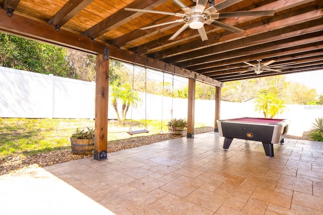 view of patio / terrace featuring a fenced backyard and a ceiling fan