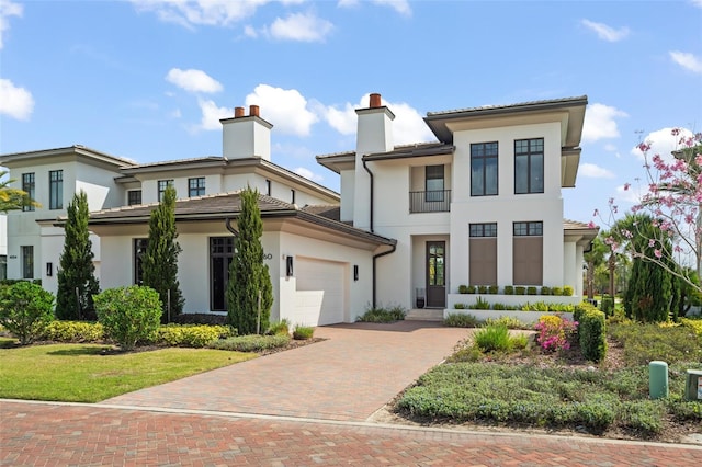 view of front of property with a tile roof, a chimney, an attached garage, decorative driveway, and stucco siding