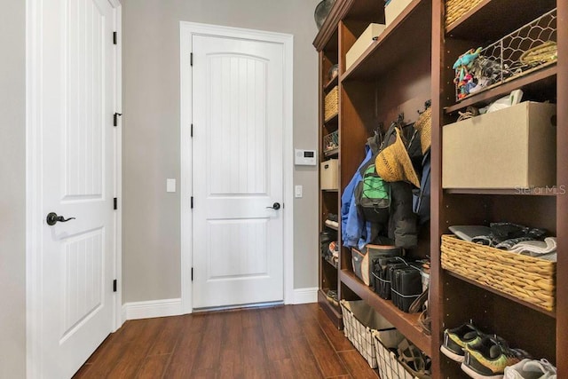 mudroom featuring baseboards and dark wood-style flooring