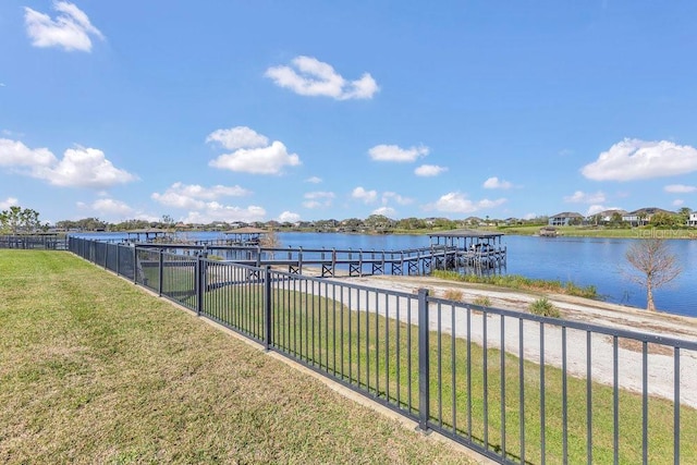 water view with a dock and fence