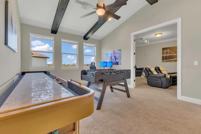 playroom with beamed ceiling, high vaulted ceiling, a ceiling fan, carpet floors, and baseboards