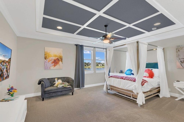 carpeted bedroom featuring baseboards, coffered ceiling, and a ceiling fan