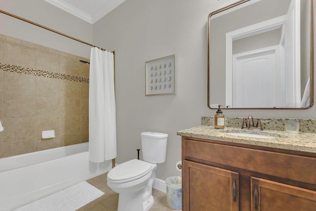 bathroom featuring crown molding, toilet, shower / tub combo, tile patterned floors, and vanity