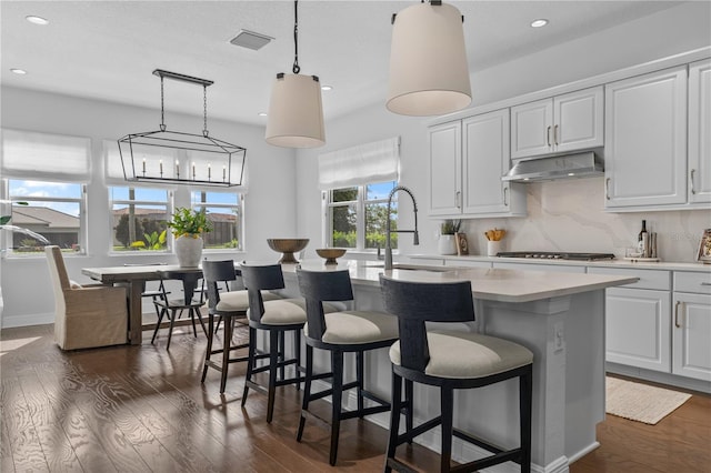 8025 Topsail Pl, Winter Garden, FL 34787 - kitchen with under cabinet range hood, dark wood-type flooring, light countertops, an island with sink, and white cabinetry