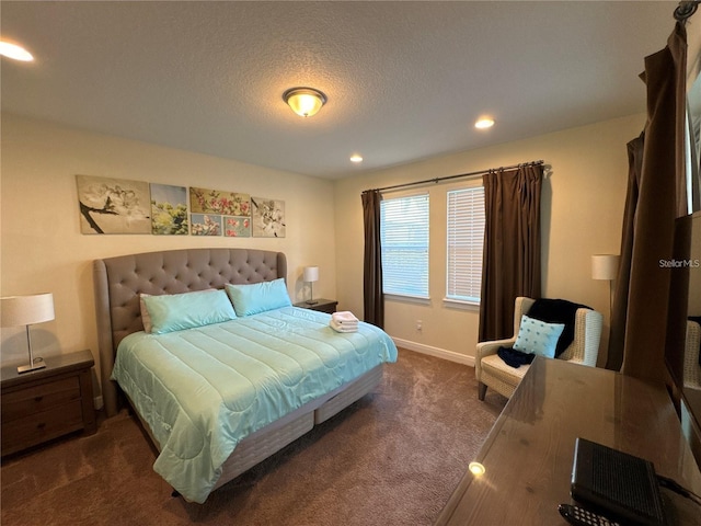 carpeted bedroom with baseboards, a textured ceiling, and recessed lighting