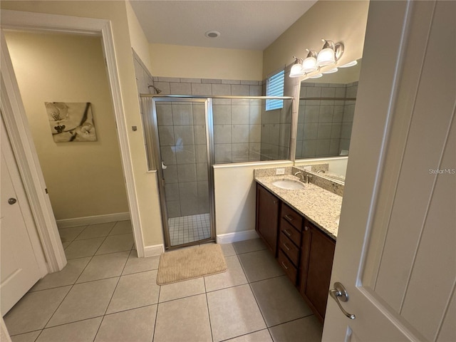 full bathroom featuring a stall shower, tile patterned flooring, vanity, and baseboards