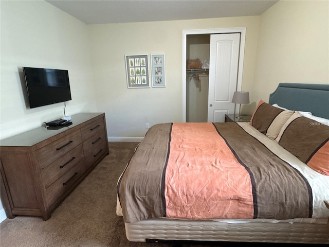 bedroom with dark colored carpet and a closet