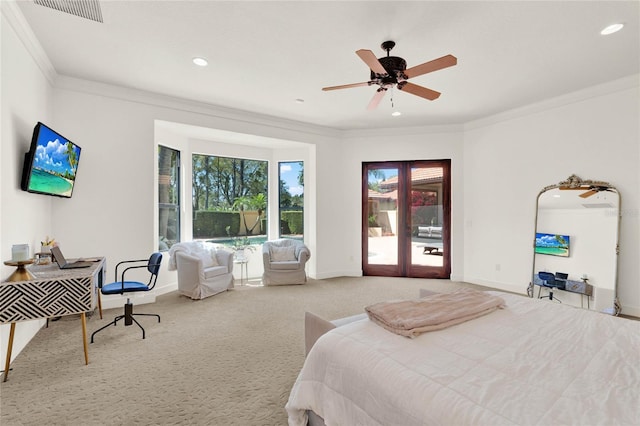 bedroom with access to outside, baseboards, carpet floors, and ornamental molding