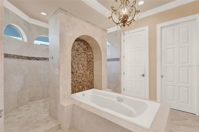 bathroom featuring a garden tub, a chandelier, crown molding, and a walk in shower