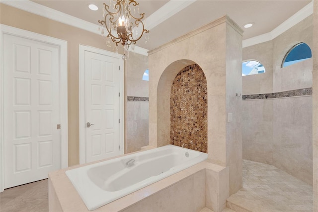 full bath with recessed lighting, ornamental molding, a walk in shower, a bath, and a chandelier