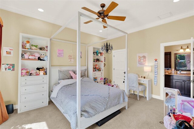 bedroom with light colored carpet, crown molding, and baseboards