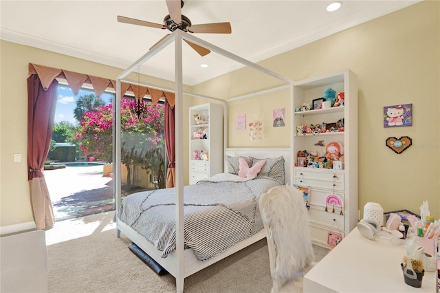 bedroom with light carpet, recessed lighting, access to exterior, and ornamental molding