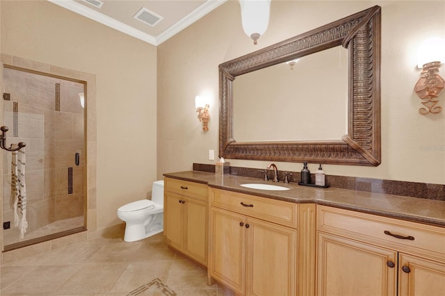 bathroom with visible vents, crown molding, toilet, a stall shower, and vanity