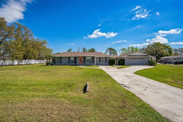 single story home featuring fence, a front yard, stucco siding, a garage, and driveway